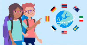 Kaksi nuorta, maapallo ja eri maiden lippuja.