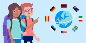 Kaksi piirroshahmoa ja eri maiden lippuja.